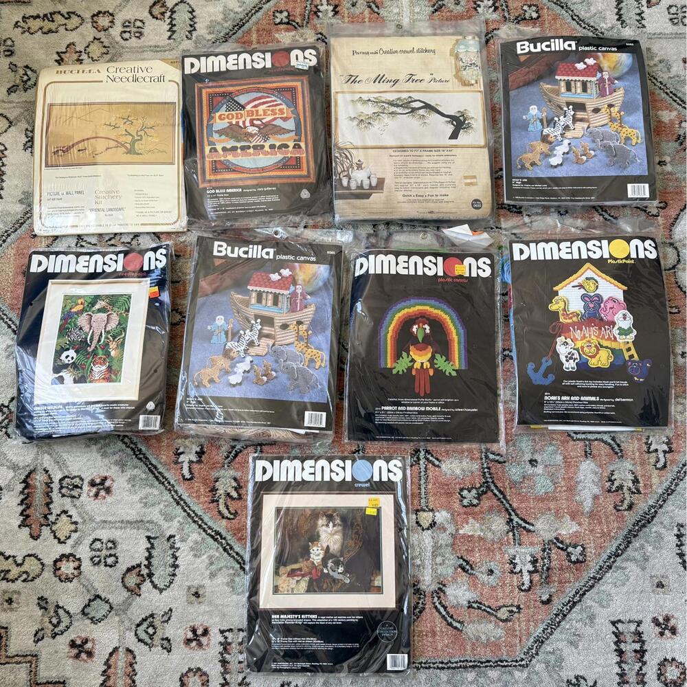 9 Vintage Sealed Craft Kits-Needlecraft & Plastic Canvas-Dimensions & Bucilla